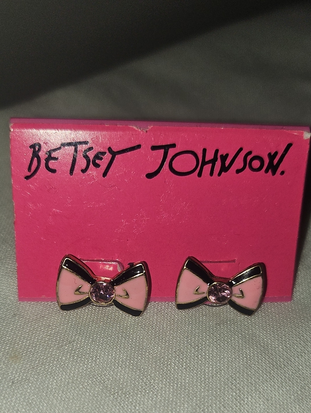 Betsey Johnson Pink Bow Earrings with Pink Rhinestones